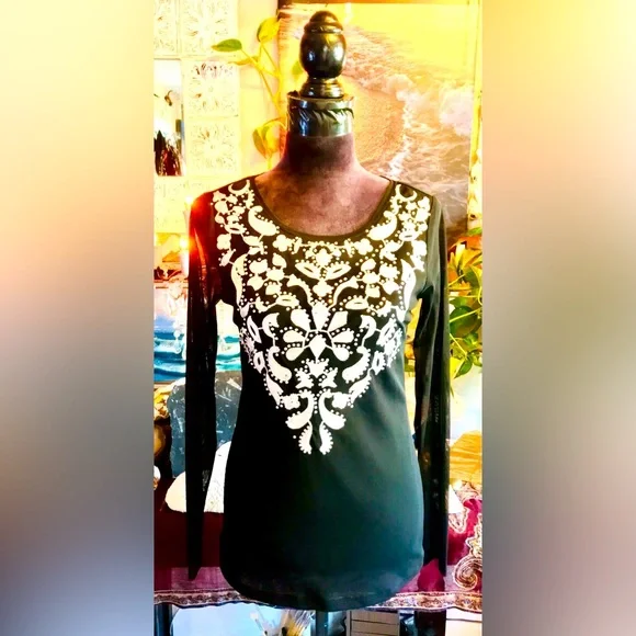 INC International Concepts Mesh Bohemian Jeweled Summer Flow & Go Blouse Body M - Picture 1 of 6